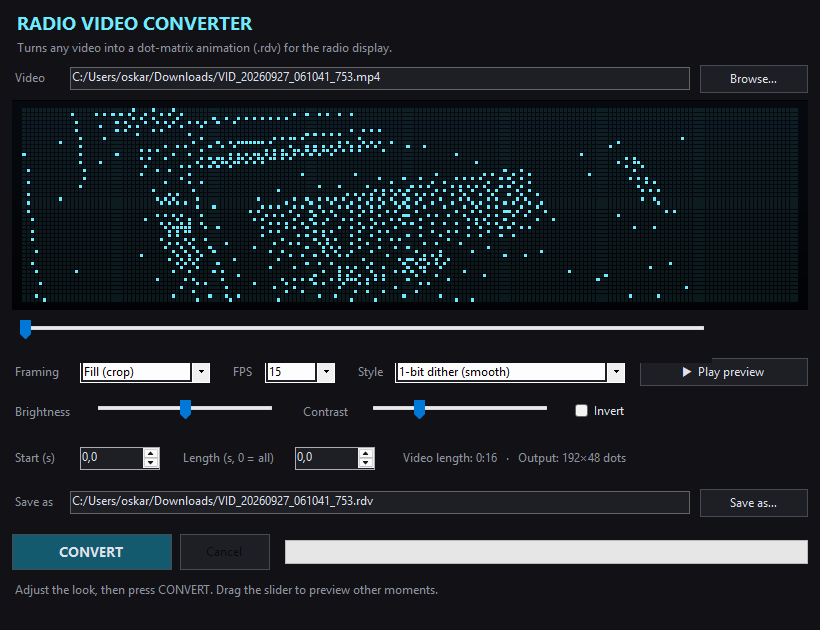 Radio Video Converter previewing a video as cyan dots