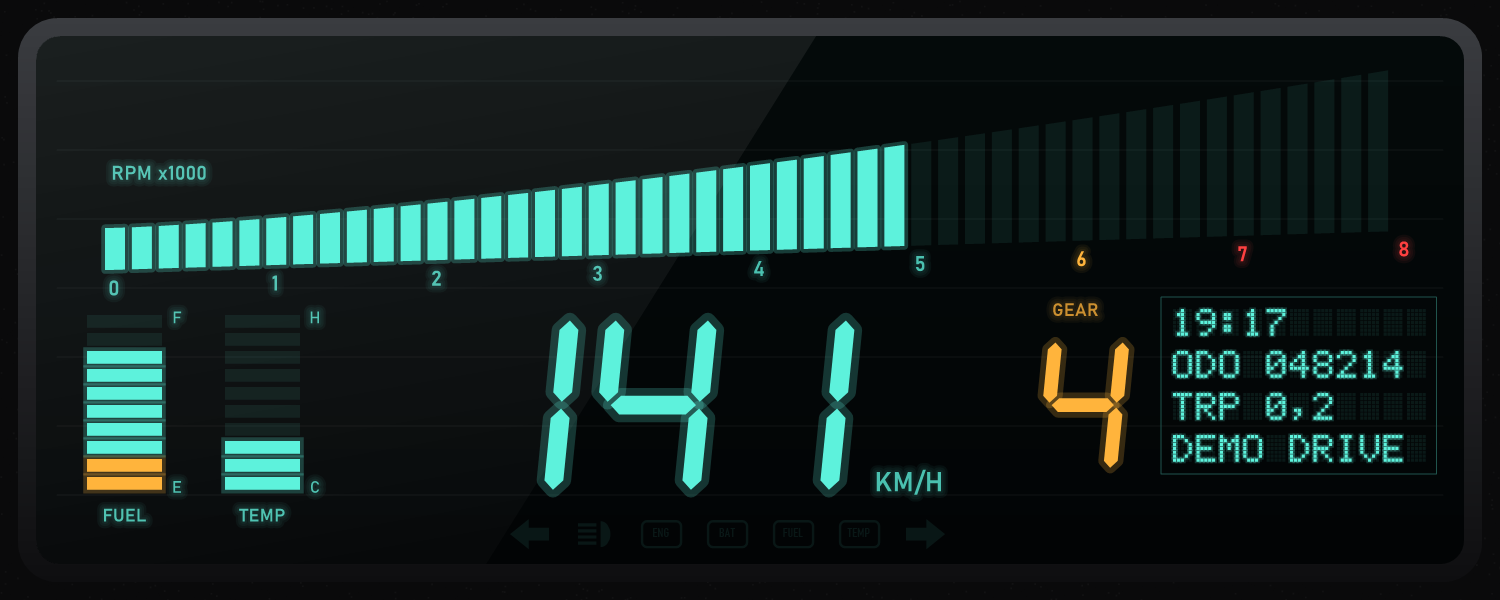 Retro Dash 80s digital cluster with a cyan bar-graph tachometer
