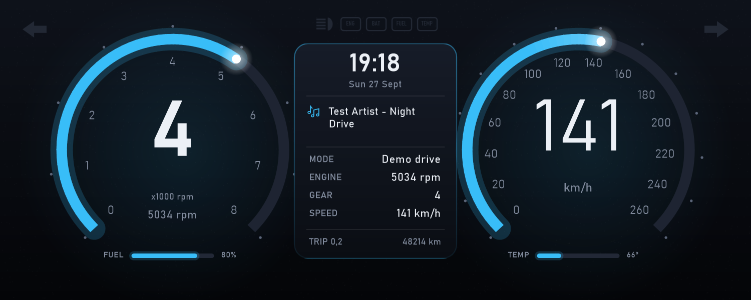 Retro Dash modern cluster with blue ring gauges
