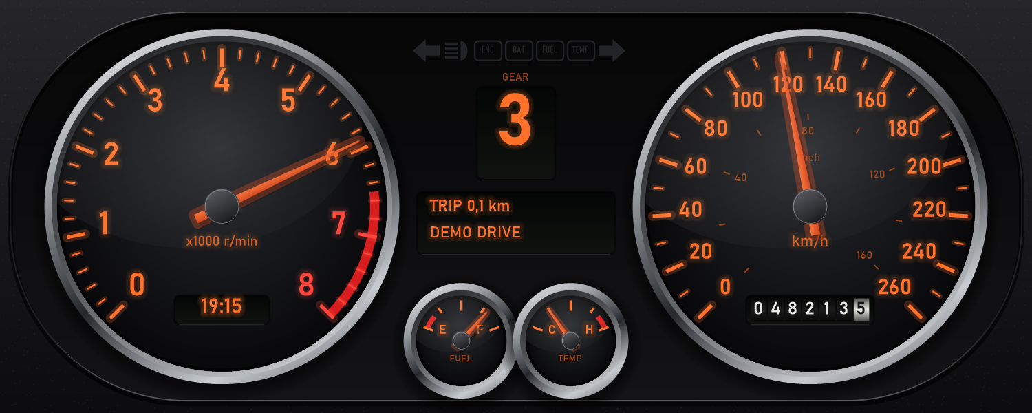 Retro Dash classic analog cluster at night with orange backlit dials