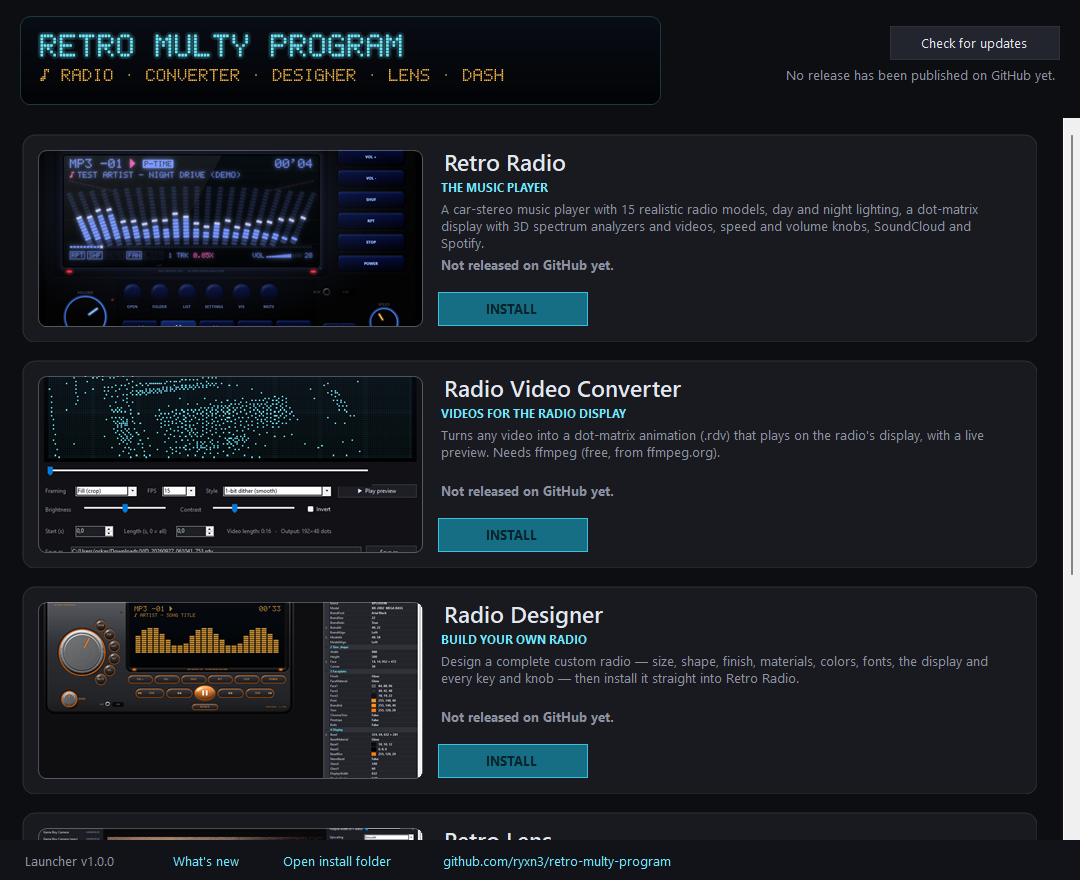 The Retro Multy Program launcher listing the programs with Install buttons