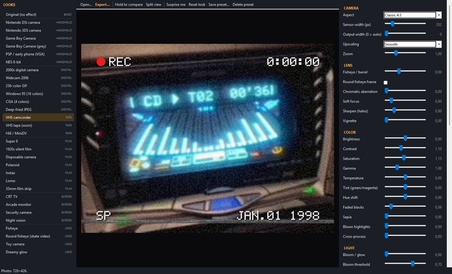 Retro Lens editor with a list of camera looks grouped by brand