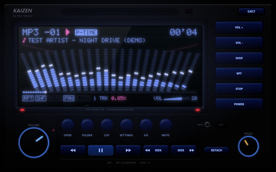 Retro Radio showing a dot-matrix spectrum analyzer on a car stereo